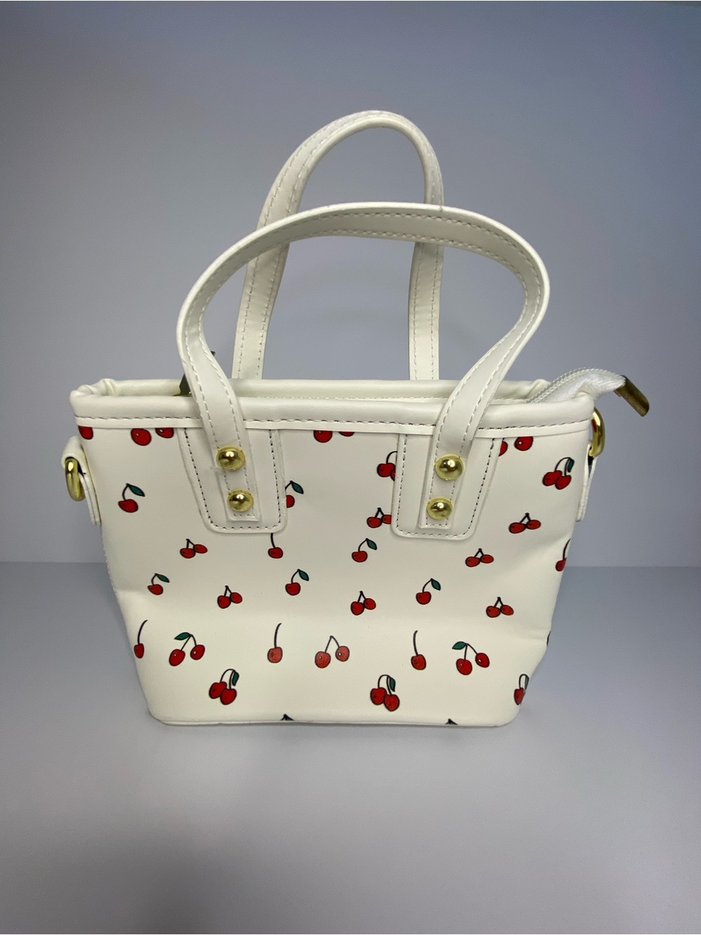 White Cherry Print Mini Tote Bag